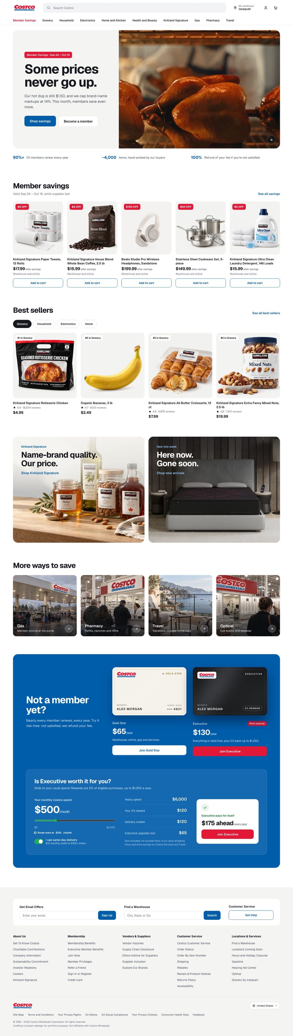 Concept redesign of the Costco homepage: hero video, member savings, best sellers, and membership calculator