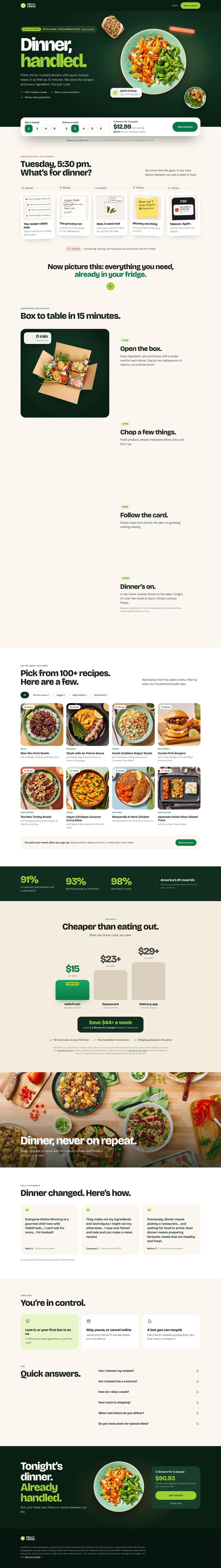 Concept redesign of a HelloFresh landing page: rotating hero dishes, a one-line box builder with real prices, and a cheaper-than-eating-out comparison