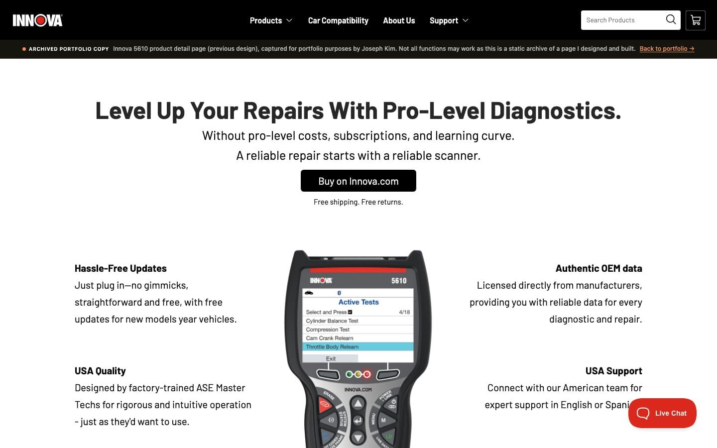 Above-the-fold view of the previous Innova 5610 product page design