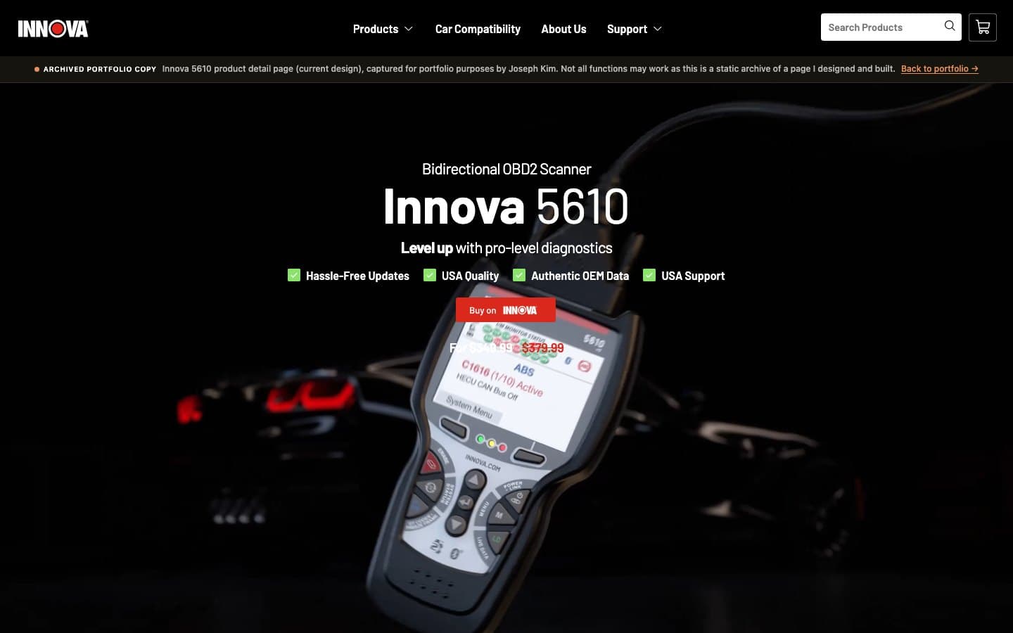 Above-the-fold view of the rebuilt Innova 5610 product page