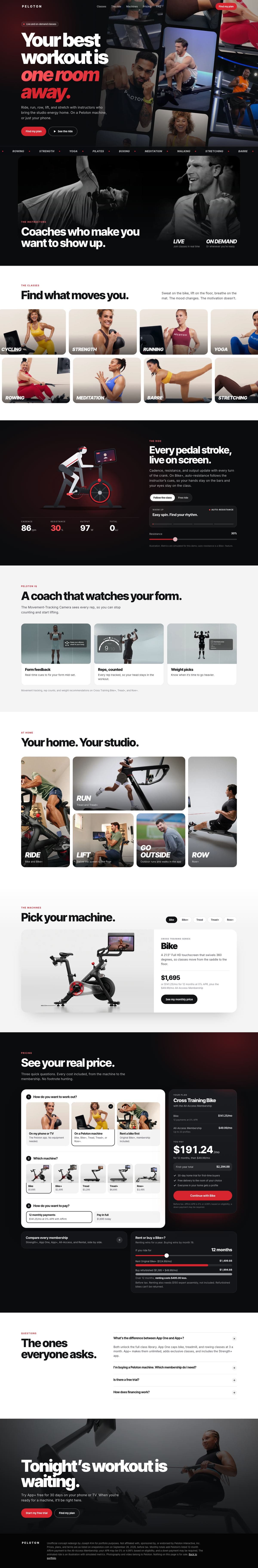 Concept redesign of Peloton's pricing experience: a live instructor video wall, an animated ride with live metrics, class and lifestyle imagery, and a plan finder with real monthly totals